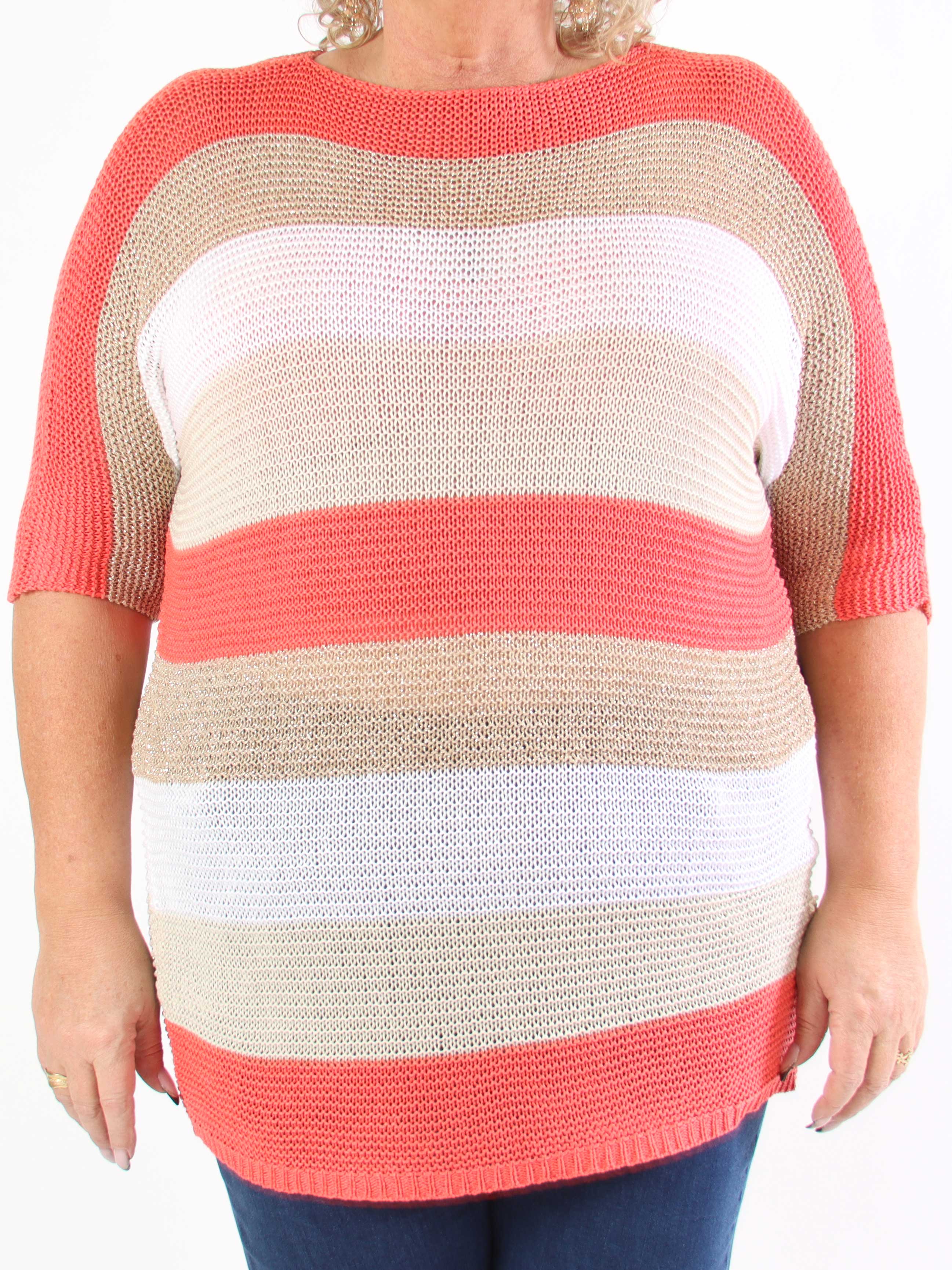 Nina Long - Stribet plus size strikkjole med glittertråde